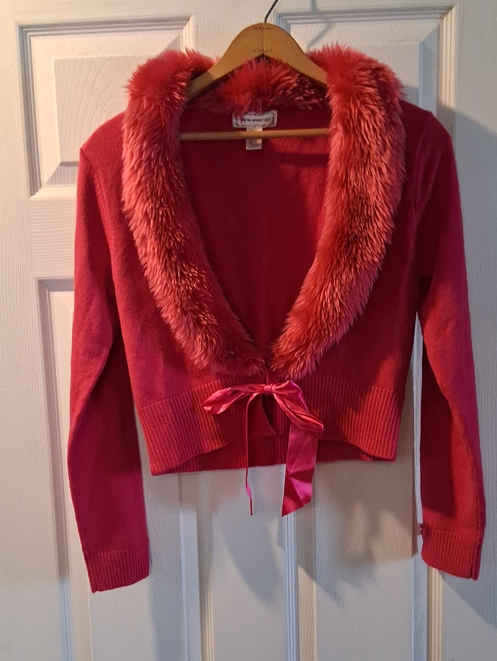 One Step Ahead Cropped Cardigan with Faux-Fur Trim - Pink